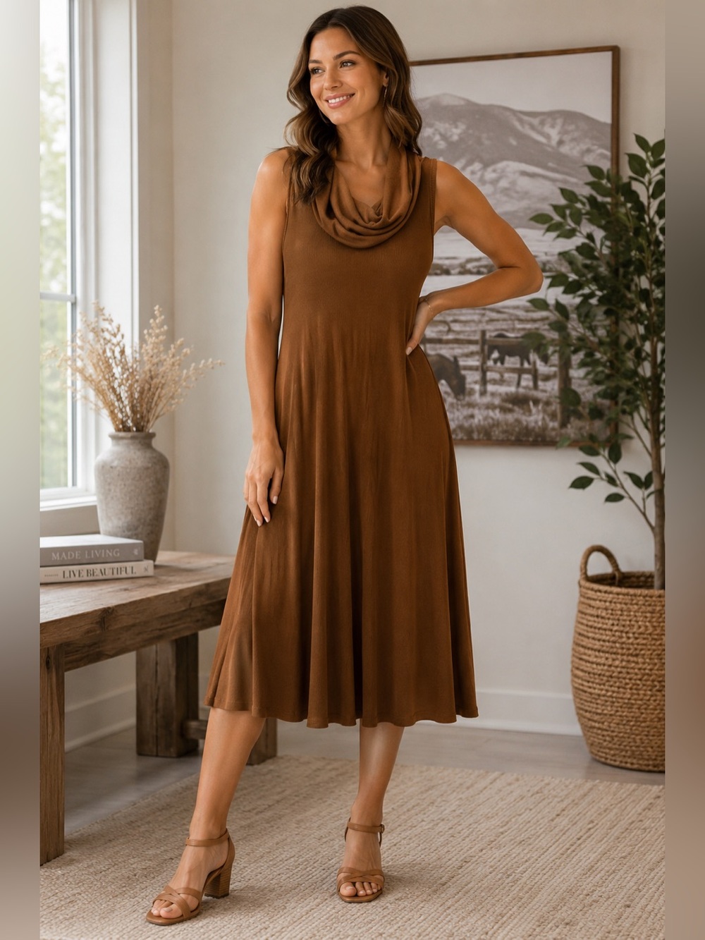 BDG Brown Ribbed Cowl Neck Sleeveless Midi Dress Soft Quiet Luxury Chic sz S/M